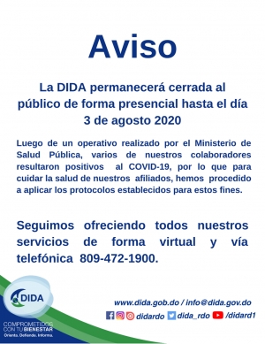 Aviso cierre temporal al público de forma presencial hasta el día 3 de agosto 2020.