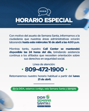 DIDA informa continuidad de su línea de asistencia 24 horas durante Semana Santa fecha